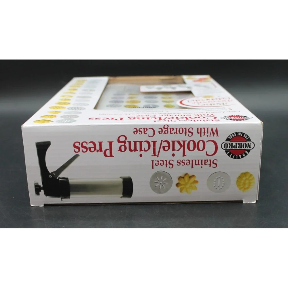 Norpro Stainless Steel Cookie Press & Icing Set Storage Case 13 Discs 8 Tips NIB